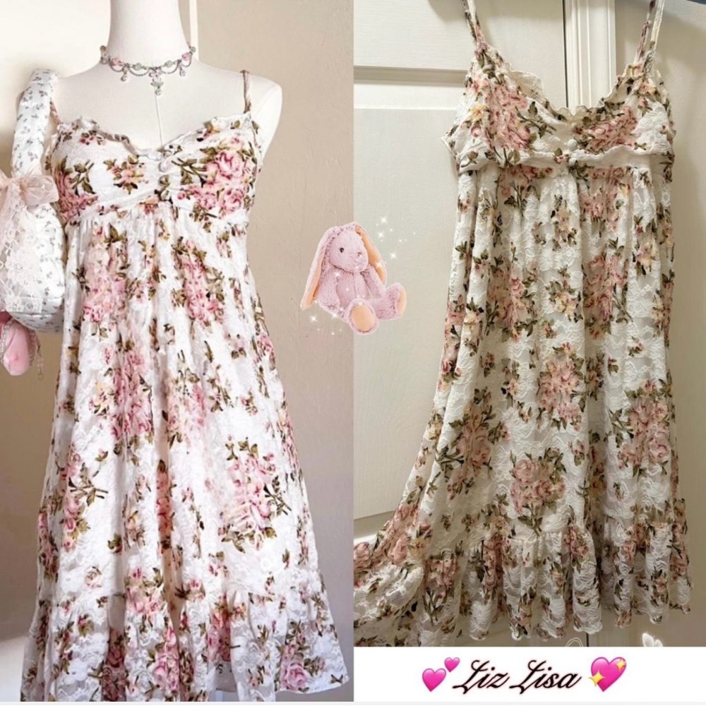 🎀Liz Lisa Japan Rose Lace Dress – Ruffle Cottagecore Fairy Y2K – Rare! - Picture 2 of 10